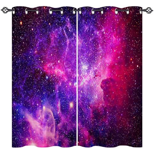 ANHOPE Lila Rosa Weltraum Galaxie Vorhänge mit Ösen Kinder Jungen Mädchen Gardinen Blickdichte Thermo Vorhang Blackout Curtain Schlafzimmer Wohnzimmer Verdunklungsvorhänge 2er Set H 138 x B 117 cm von ANHOPE