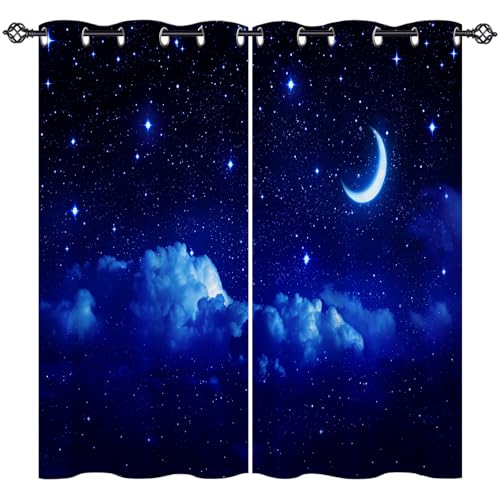 ANHOPE Nacht Wolke Mond Sterne Vorhänge mit Ösen Blickdichte Gardinen Blackout Curtain Thermo Vorhang Kinder Jungen Mädchen Schlafzimmer Wohnzimmer Verdunklungsvorhänge 2er Set H 138 x B 168 cm von ANHOPE