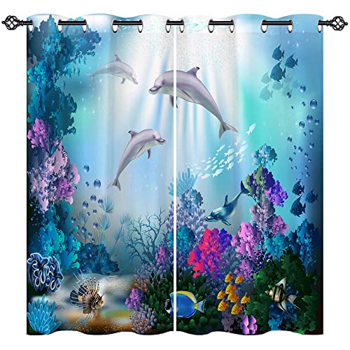 ANHOPE Ozean Delphin Tropisch Fisch Vorhänge mit Ösen Kinder Jungen Mädchen Gardinen Blickdichte Thermo Vorhang Blackout Curtain Schlafzimmer Wohnzimmer Verdunklungsvorhänge 2er Set H 138 x B 117 cm von ANHOPE