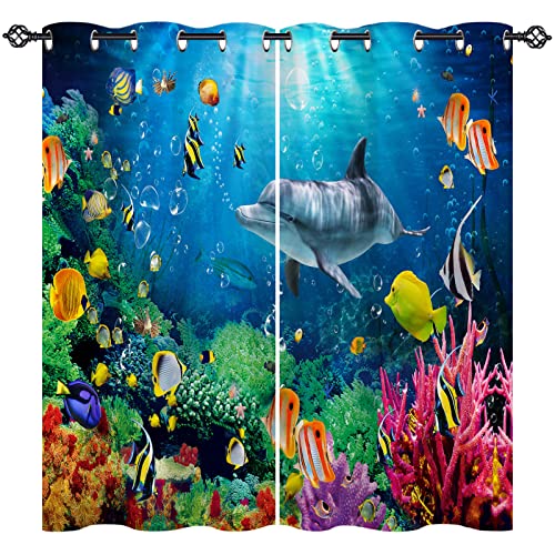 ANHOPE Ozean Fisch Delphin Koralle Gardinen Blickdichte mit Ösen Kinder Jungen Mädchen Thermo Vorhänge Blackout Curtain Vorhang Wohnzimmer Schlafzimmer Verdunklungsvorhänge 2er Set H 137 x B 117 cm von ANHOPE