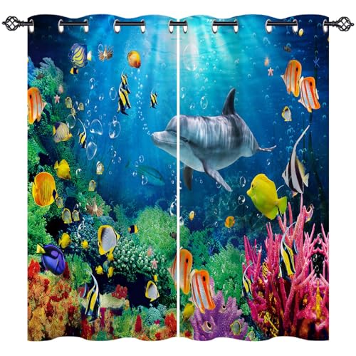 ANHOPE Ozean Fisch Delphin Koralle Gardinen Blickdichte mit Ösen Kinder Jungen Mädchen Thermo Vorhänge Blackout Curtain Vorhang Wohnzimmer Schlafzimmer Verdunklungsvorhänge 2er Set H 137 x B 132 cm von ANHOPE