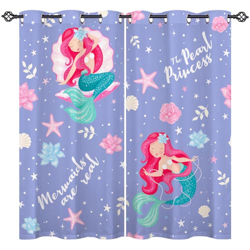 ANHOPE Prinzessin Meerjungfrau Blume Vorhänge mit Ösen Kinder Mädchen Gardinen Blickdichte Thermo Vorhang Blackout Curtain Schlafzimmer Wohnzimmer Verdunklungsvorhänge 2er Set H 138 x B 117 cm von ANHOPE