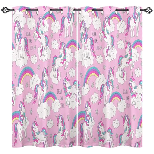 ANHOPE Regenbogen Cartoon Einhorn Vorhänge mit Ösen Kinder Mädchen Gardinen Blickdichte Thermo Vorhang Blackout Curtain Schlafzimmer Wohnzimmer Verdunklungsvorhänge 2er Set H 138 x B 107 cm von ANHOPE