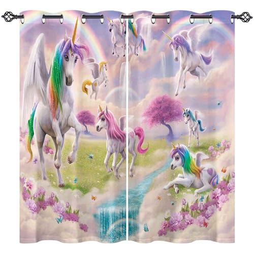 ANHOPE Regenbogen Einhorn Blume Vorhänge mit Ösen Blickdichte Gardinen Thermo Vorhang Blackout Curtain Schlafzimmer Wohnzimmer Kinder Mädchen Verdunklungsvorhänge 2er Set H 138 x B 107 cm von ANHOPE