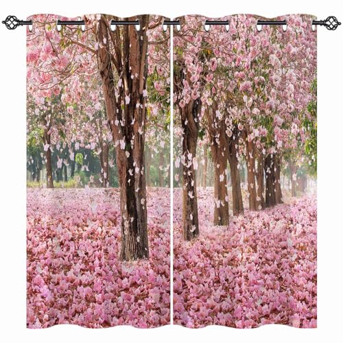 ANHOPE Rosa Blume Floral Baum Vorhänge mit Ösen Blickdichte Gardinen Thermo Vorhang Blackout Curtain Schlafzimmer Wohnzimmer Kinder Mädchen Verdunklungsvorhänge 2er Set H 160 x B 132 cm von ANHOPE