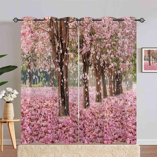 ANHOPE Rosa Blume Floral Baum Vorhänge mit Ösen Blickdichte Gardinen Thermo Vorhang Blackout Curtain Schlafzimmer Wohnzimmer Kinder Mädchen Verdunklungsvorhänge 2er Set H 245 x B 200 cm von ANHOPE