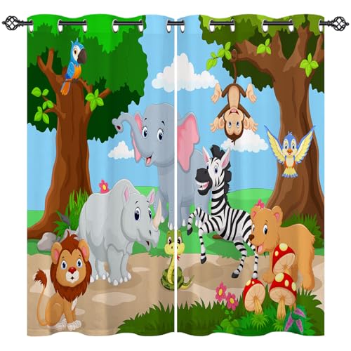 ANHOPE Safari Tier Elefant Löwe Bär Vorhänge mit Ösen Blickdichte Gardinen Blackout Curtain Thermo Vorhang Kinder Jungen Mädchen Schlafzimmer Wohnzimmer Verdunklungsvorhänge 2er Set H 138 x B 117 cm von ANHOPE