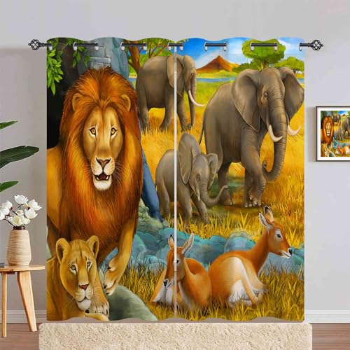 ANHOPE Safari Tier Löwe Elefant Hirsch Blickdichte Gardinen mit Ösen Kinder Jungen Mädchen Thermo Vorhänge Wohnzimmer Schlafzimmer Verdunklungsvorhänge 2er Set H 229 x B 140 cm von ANHOPE