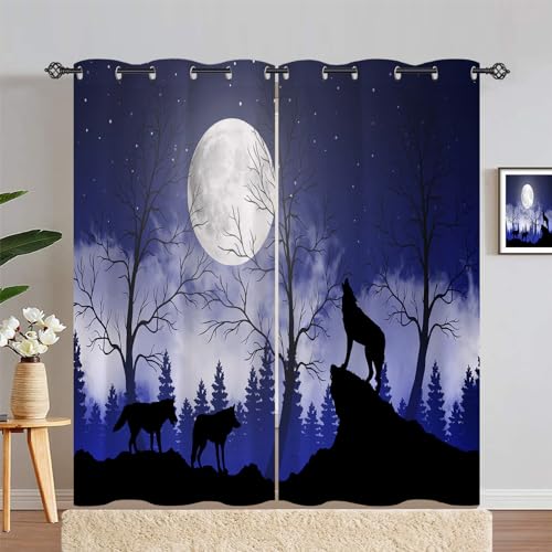 ANHOPE Wald Tier Wolf Mond Vorhänge mit Ösen Kinder Jungen Mädchen Gardinen Blickdichte Thermo Vorhang Blackout Curtain Schlafzimmer Wohnzimmer Verdunklungsvorhänge 2er Set H 220 x B 140 cm von ANHOPE