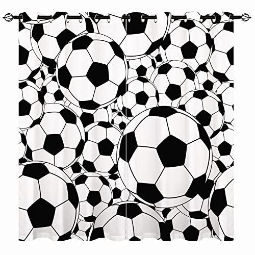 YUANZU Jungen Vorhänge – Kinder weiß/Schwarze Bälle Sport Fußball Druck Muster Ösen Verdunkelung Wärmeisoliert & Fenstervorhänge für Kinderzimmer Baby Schlafzimmer 2 Vorhänge B 117 cm x T 137 cm von ANHOPE