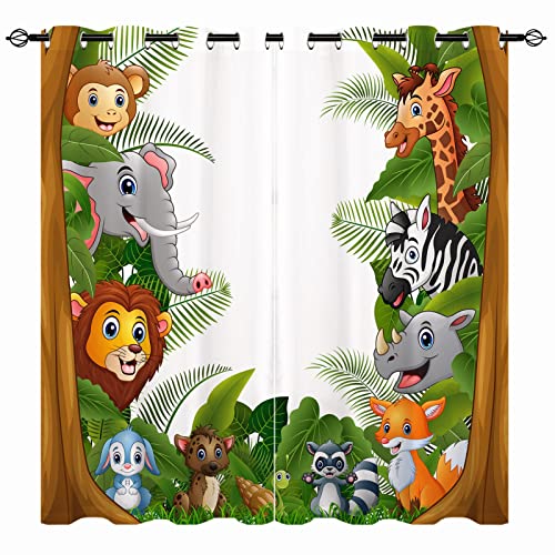 YUANZU Kinder Vorhänge-Jungen Mädchen Dschungel Wald Tiere Zoo Print Muster Öse Blackout Thermisch Isolierte Fenster Vorhänge für Kindergarten Baby Schlafzimmer Spielzimmer 2 Panels W117cm x D183cm von ANHOPE