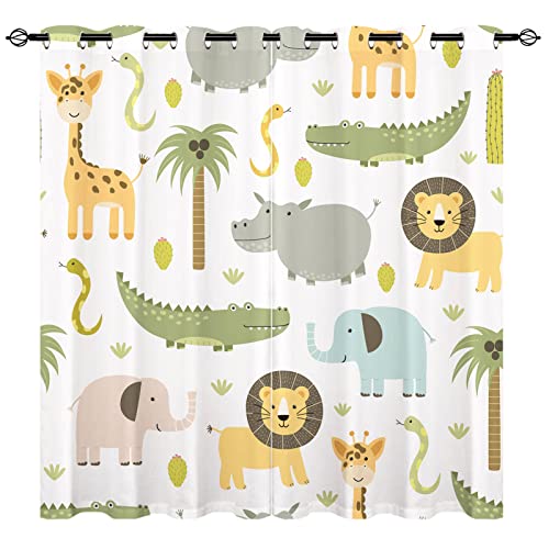 YUANZU Safari Tier Vorhänge für Kinder Hippo Krokodil Löwe Elefant Giraffe Wald Zoo Familie Muster Öse Verdunkelung Fenster Vorhänge für Jungen Mädchen Schlafzimmer 2 Platten W75cm x D166cm von ANHOPE