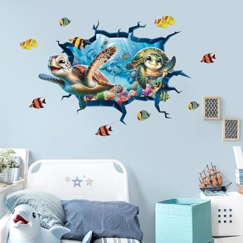 ANHUIB 3D Wandtattoo Unterwasserwelt,Wandaufkleber Meer,Wandtattoo Badezimmer,Wandsticker Unterwasserwelt Selbstklebend,Wandaufkleber Fisch Meeresschildkröten,Wandsticker Junge Kinderzimmer Bad Deko von ANHUIB