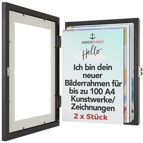 ANKERPUNKT Bilderrahmen Kinderzeichnungen A4 für bis zu 100 gemalte Bilder Zeichnungen - Kinder Kunstrahmen Frontöffnung Wechselrahmen aus Holz - Geschenke für Mama, Papa, Oma, Opa (2, Schwarz) von ANKERPUNKT