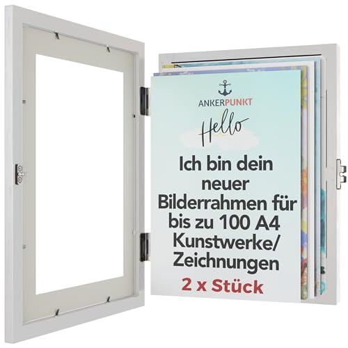 ANKERPUNKT Bilderrahmen Kinderzeichnungen A4 weiß für bis zu 100 gemalte Bilder Zeichnungen - Kinder Kunstrahmen Frontöffnung Wechselrahmen aus Holz - Geschenke für Mama, Papa, Oma, Opa 2er Set von ANKERPUNKT