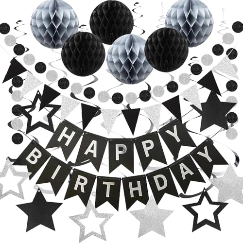 Anllecr Schwarz Silber Geburtstag Dekorationen, Männer Happy Birthday Banner mit Wabenball, Stern Hängender Wirbel Streamer Kreis Punkt Girlande Dekorationen - Geburtstag Party Dekorationen für Männer von ANLLECR