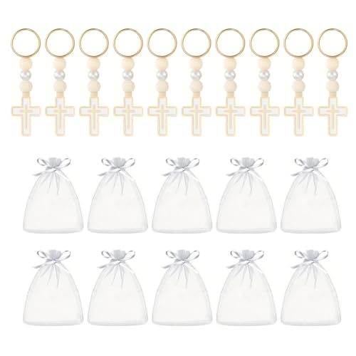 ANMITI 10pcs Holzperlen Schlüsselbund Mit Kordelbeutel Gekreuztem Anhänger Keyrings Für Hochzeitsbabys Religiöse Ereignisse von ANMITI