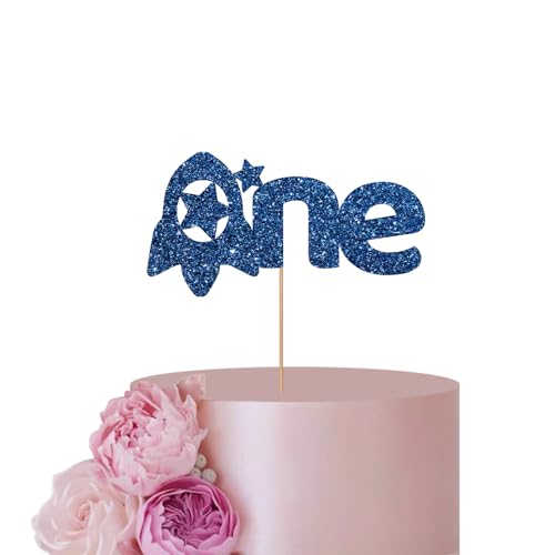 Blauer Schiff Kuchenaufsatz für 1. Geburtstag Junge Kuchen Dekor, Erste Rakete Kuchen Topper, Schiff Babyparty Kuchen Topper, Glitzer Rakete One Geburtstag Party Dekoration Supplies von ANNATZQ