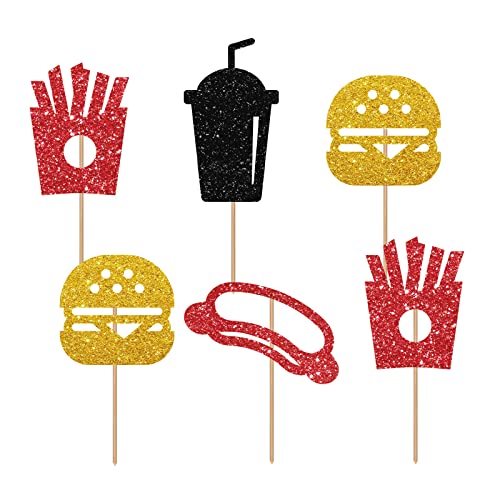 Fast Food Cupcake-Topper, Hamburger-Themen-Lebensmittel-Picks, Rot & Gold Glitzer Hot Dog Geburtstagsparty-Dekoration Zubehör von ANNATZQ