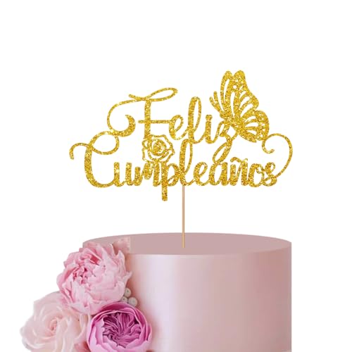 Gold Spanish Feliz Cumpleaños Cake Topper for Birthday Party Decor, Butterfly Happy Birthday Cake Topper, Glitter Spanish Birthday Party Dekoration Supplies von ANNATZQ