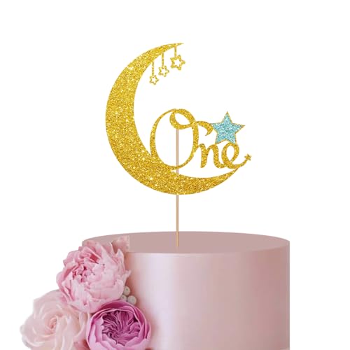 Gold & Sky Blue Twinkle Twinkle Little Star Kuchenaufsatz für Baby 1. Geburtstag Party Dekoration, Mond One Cake Topper, Glitzer Mond & Stern Baby Shower Party Dekoration Supplies von ANNATZQ