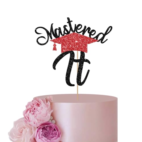 Rot & Black Mastered It Cake Topper für Abschlussfeier, Party-Dekoration, rotes Glitzer-Grad-Kappenschild, Kuchenaufsatz, Congrats Mastered/Klasse of 2023 Grad Party-Dekoration Supplies von ANNATZQ