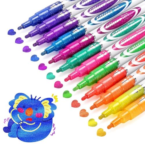 ANNJUC Glitter Marker Stifte Set Kit 12 Acryl Glitter Marker Paint Pens - Schimmer Marker, Feine Spitze Wasserbasis Stift Set für DIY Handwerk von ANNJUC