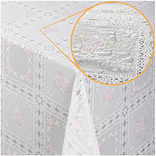 ANRO Tischdecke Lace Vinyl Wachstuch Häkel Spitze Optik Wasserfest Blumen Karo Rosa/Weiß 100x138cm von ANRO