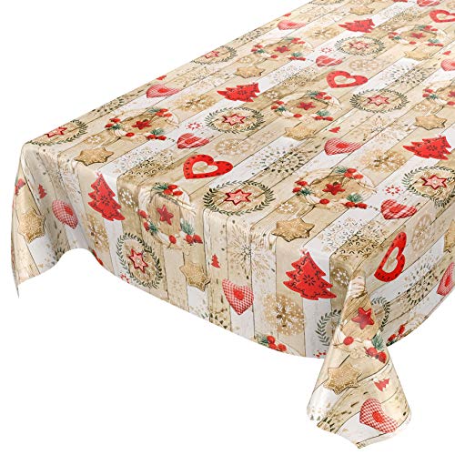 ANRO Tischdecke Weihnachtstischdecke abwaschbar Wachstischdecke Christmas Rot Beige 1000x140cm (10m) von ANRO