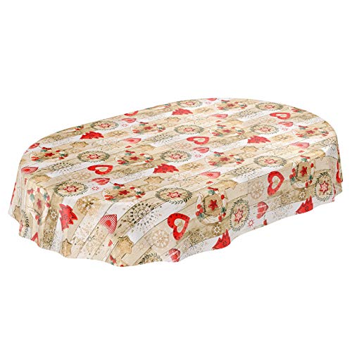 ANRO Tischdecke Weihnachtstischdecke abwaschbar Wachstischdecke Christmas Rot Beige Oval 180x140cm von ANRO