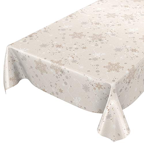 ANRO Wachstuchtischdecke Wachstuch Wachstischdecke Tischdecke Weihnachten Schneeflocken Beige 160x140cm eingefasst von ANRO