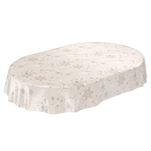 ANRO Wachstuchtischdecke Wachstuch Wachstischdecke Tischdecke Weihnachten Schneeflocken Beige Oval 200x140cm von ANRO