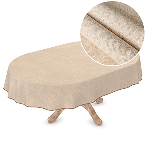 Wachstuchtischdecke Textil Tischdecke Wachstuch abwaschbar Leinenoptik Beige Uni Nachhaltig Oval 240x140cm von ANRO