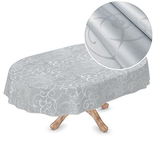 Premium Wachstuchtischdecke Tischdecke Vinyl Wachstischdecke abwaschbar Oval 280x150cm Damast Silber edel abwischbar von ANRO