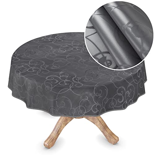 Premium Wachstuchtischdecke Tischdecke Vinyl Wachstischdecke abwaschbar Rund 150cm Damast Anthrazit edel abwischbar von ANRO