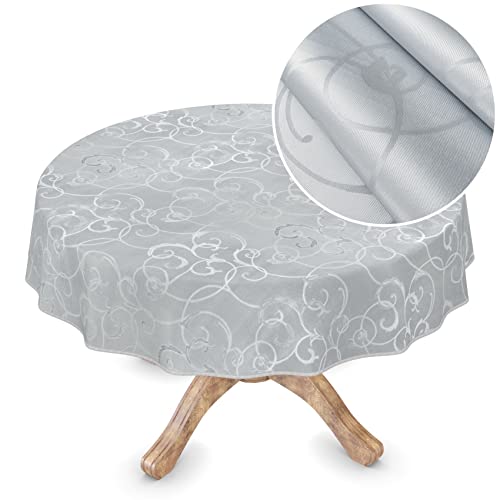 Premium Wachstuchtischdecke Tischdecke Vinyl Wachstischdecke abwaschbar Rund 150cm Damast Silber edel abwischbar von ANRO