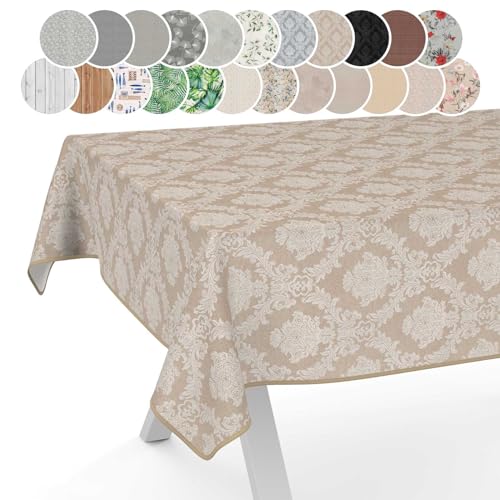 Stoff Tischdecke Textil Tischwäsche Tischtuch Baumwolle Polyester abwaschbar Uni Ornament Damast Jacquard Gewebe waschbar Barock Beige 240x140cm mit Saum (Eingefasst) von ANRO