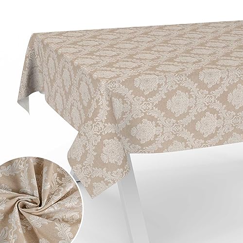 Stoff Tischdecke Textil Tischwäsche Tischtuch Baumwolle Polyester abwaschbar Uni Ornament Damast Jacquard Gewebe waschbar Barock Beige 350x140cm Schnittkante von ANRO