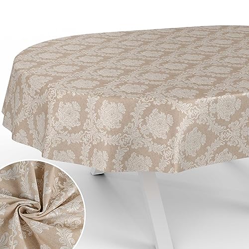 Stoff Tischdecke Textil Tischwäsche Tischtuch Baumwolle Polyester abwaschbar Uni Ornament Damast Jacquard Gewebe waschbar Barock Beige Oval 180x140cm Schnittkante von ANRO