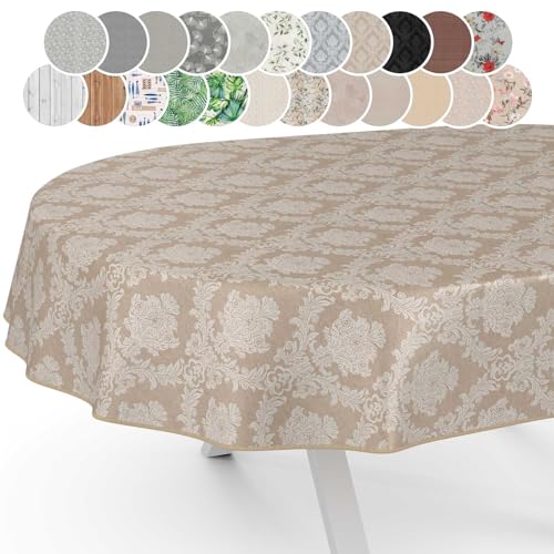 Stoff Tischdecke Textil Tischwäsche Tischtuch Baumwolle Polyester abwaschbar Uni Ornament Damast Jacquard Gewebe waschbar Barock Beige Oval 200x140cm mit Saum (Eingefasst) von ANRO