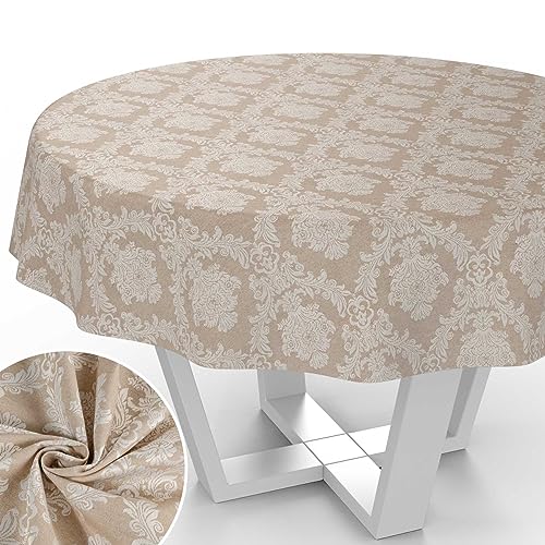 Stoff Tischdecke Textil Tischwäsche Tischtuch Baumwolle Polyester abwaschbar Uni Ornament Damast Jacquard Gewebe waschbar Barock Beige Rund 140cm Schnittkante von ANRO