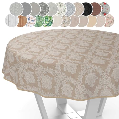 Stoff Tischdecke Textil Tischwäsche Tischtuch Baumwolle Polyester abwaschbar Uni Ornament Damast Jacquard Gewebe waschbar Barock Beige Rund 155cm mit Saum (Eingefasst) von ANRO