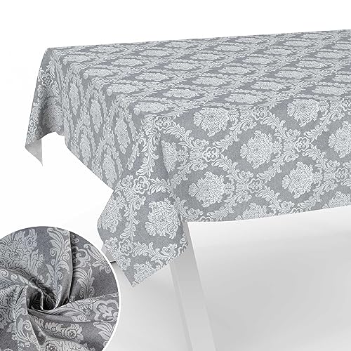 Stoff Tischdecke Textil Tischwäsche Tischtuch Baumwolle Polyester abwaschbar Uni Ornament Damast Jacquard Gewebe waschbar Barock Grau 400x140cm Schnittkante von ANRO