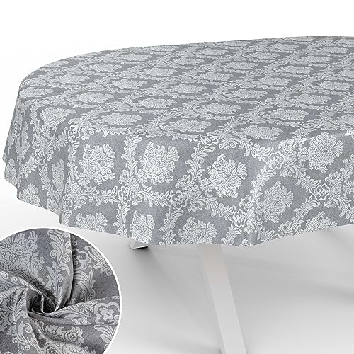 Stoff Tischdecke Textil Tischwäsche Tischtuch Baumwolle Polyester abwaschbar Uni Ornament Damast Jacquard Gewebe waschbar Barock Grau Oval 180x140cm Schnittkante von ANRO