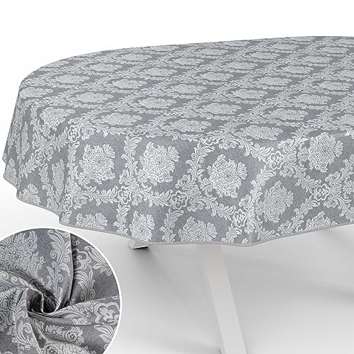 Stoff Tischdecke Textil Tischwäsche Tischtuch Baumwolle Polyester abwaschbar Uni Ornament Damast Jacquard Gewebe waschbar Barock Grau Oval 200x140cm mit Saum (Eingefasst) von ANRO