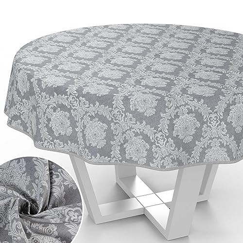 Stoff Tischdecke Textil Tischwäsche Tischtuch Baumwolle Polyester abwaschbar Uni Ornament Damast Jacquard Gewebe waschbar Barock Grau Rund 155cm mit Saum (Eingefasst) von ANRO