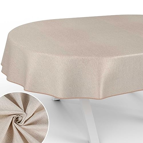 Stoff Tischdecke Textil Tischwäsche Tischtuch Baumwolle Polyester abwaschbar Uni Ornament Damast Jacquard Gewebe waschbar Beige Grau Oval 200x140cm mit Saum (Eingefasst) von ANRO