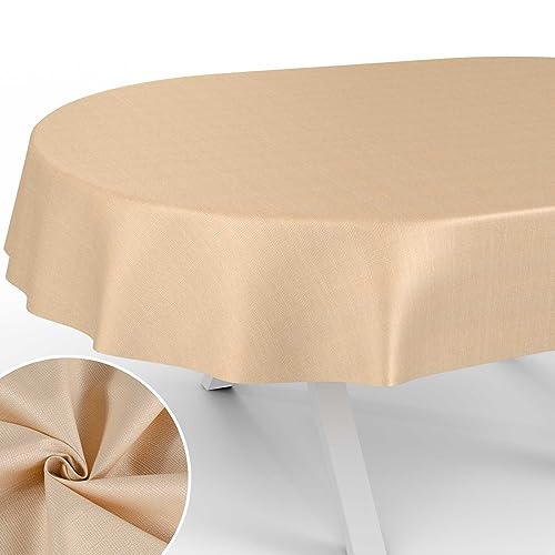 Stoff Tischdecke Textil Tischwäsche Tischtuch Baumwolle Polyester abwaschbar Uni Ornament Damast Jacquard Gewebe waschbar Beige Oval 180x140cm Schnittkante von ANRO