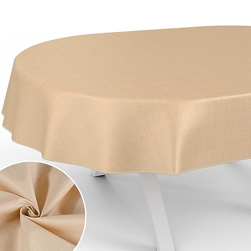 Stoff Tischdecke Textil Tischwäsche Tischtuch Baumwolle Polyester abwaschbar Uni Ornament Damast Jacquard Gewebe waschbar Beige Oval 200x140cm mit Saum (Eingefasst) von ANRO