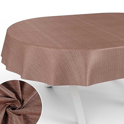 Stoff Tischdecke Textil Tischwäsche Tischtuch Baumwolle Polyester abwaschbar Uni Ornament Damast Jacquard Gewebe waschbar Braun Oval 180x140cm Schnittkante von ANRO